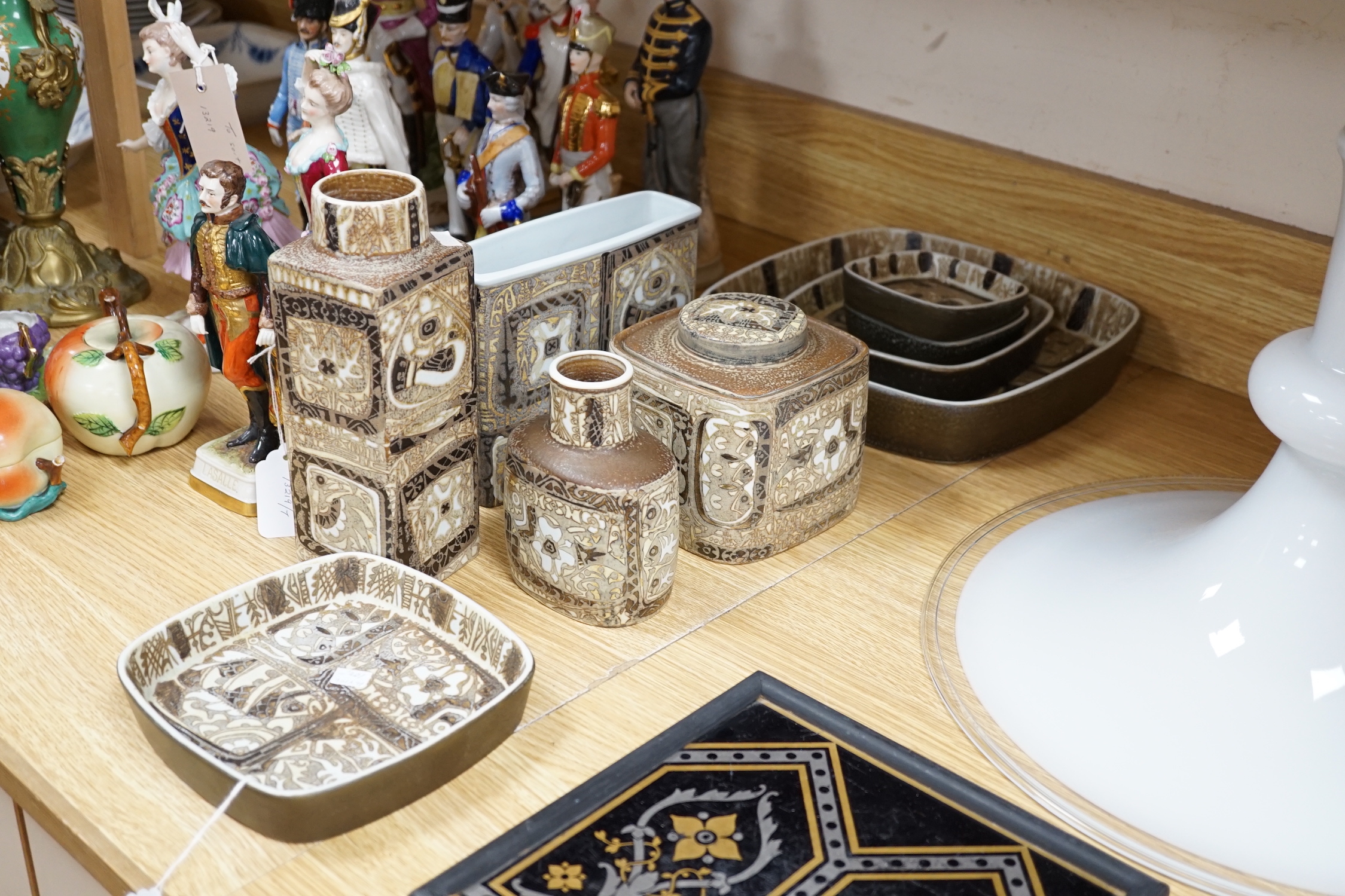 Nine Royal Copenhagen ceramic items by Nils Thorssen including; five, shallow, square section, dishes, a rectangular section vase, a square section vase, an oval section vase, and a lidded pot, tallest 22cm